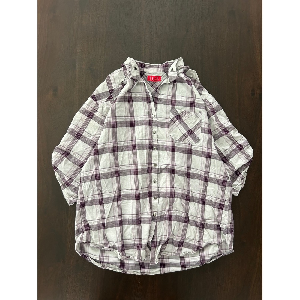 Elle Womens Purple White Plaid Roll Tab Sleeve Snap Button Down Shirt Large
